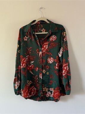 Dark Floral Button Up Blouse Green Rust Floral Cottagecore Boho Long Sleeve